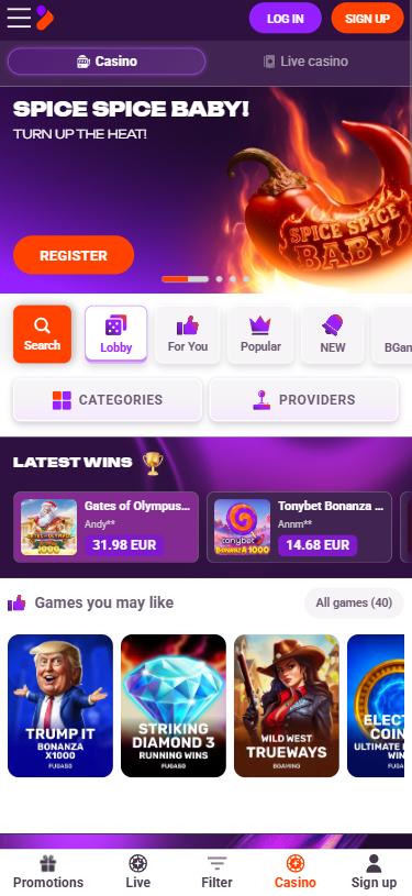 Tonybet Casino mobile lobby
