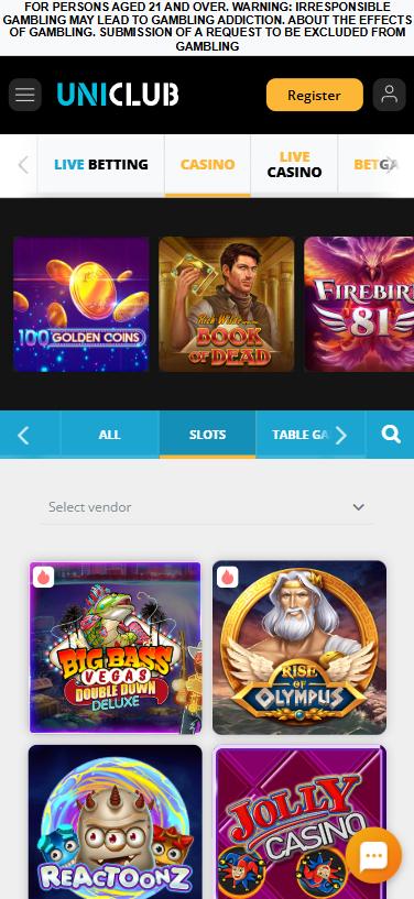 Uniclub Casino mobile lobby