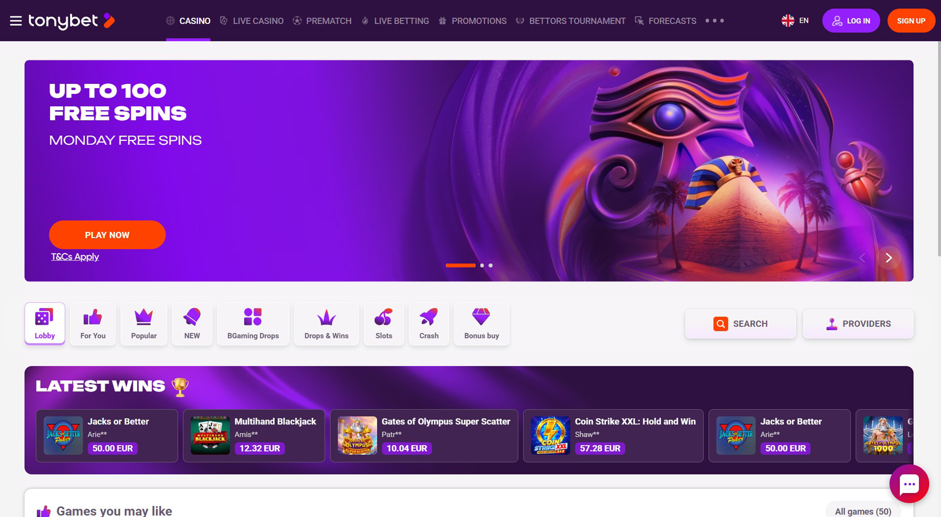 5. TonyBet Kazino- Mobilus Online Kazino Pasirinkimas